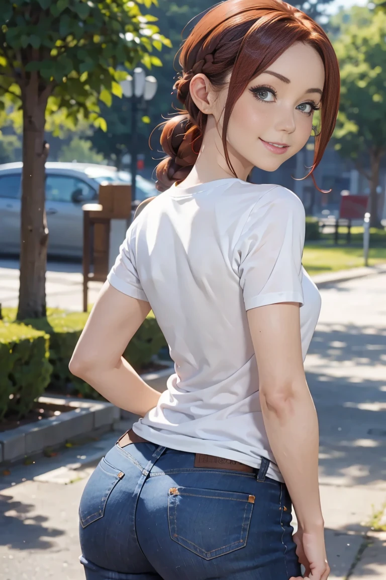 slim figure, small stature (t-shirt,   jeans), (Redhead,  braided bun), (park),    and I was proud of her straight back  , Stick your butt out.、Sensual pose,  Beautiful smile, 