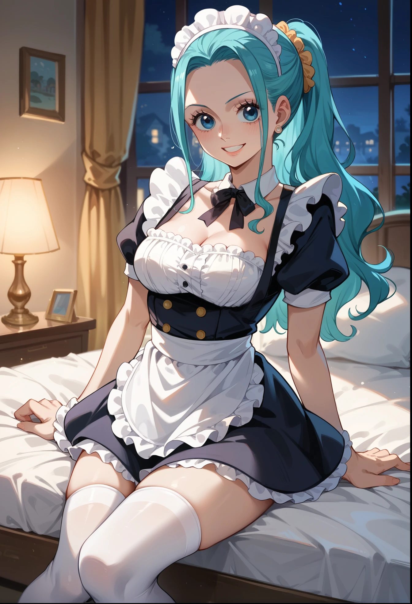 score_9, score_8_up, score_7_up, source_anime BREAK 1girl, solo, gwen \(league of legends\), aqua hair, drill hair, symbol-shaped pupils, dress, thighhighs, cleavage, parted lips, lipstick, very long hair, looking at viewer, smile