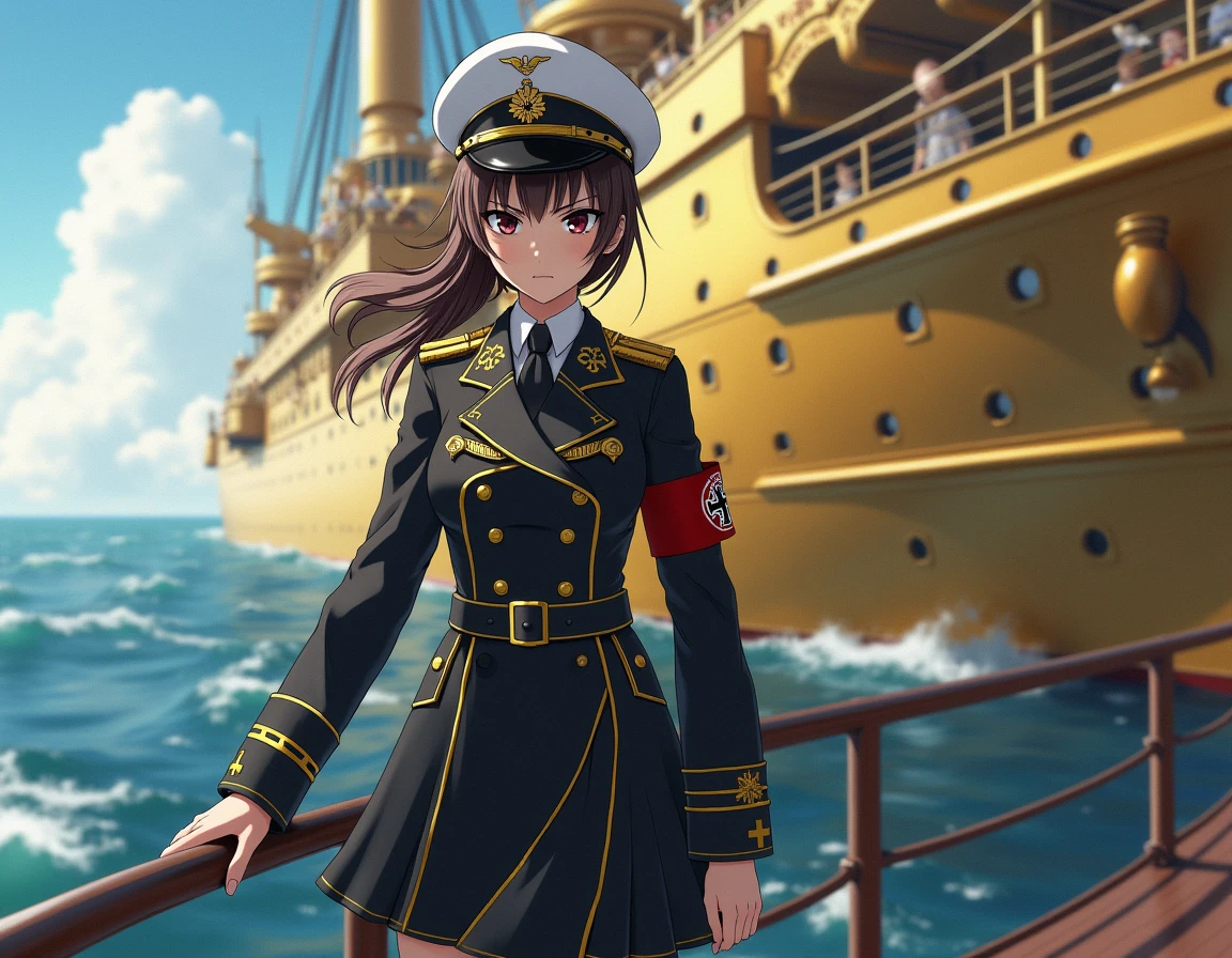 masterpiece, best quality, highres, high_quality, high_quality_anime, high_resolution,
1girl, solo,
<lora:Ryuujou:1>Ryuujou, twintails,
visor cap, military uniform, magatama,skirt,
boring_face, looking away, view from front, indian style, sitting, sea_view,