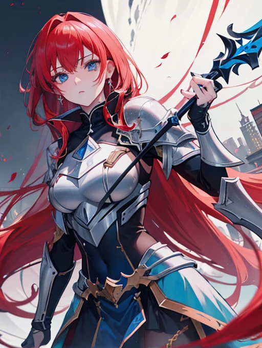 4K,high resolution,A woman,Bright red hair,Langheier,blue eyes,knight,White Holy Armor,jewel embellishment,Great Sword,Medieval town , serious , hands down , looking at the protagonist , Clothes that match red ,Show your thighs