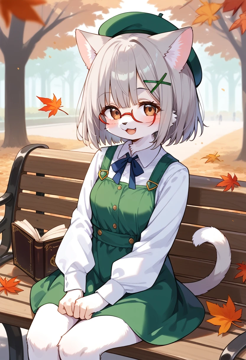 score_9, score_8_up, score_7_up, score_6_up, score_5_up, score_4_up, source_anime, best quality, amazing quality, very aesthetic, absurdres, 1girl, (furry, kemono:1.3), cat, cat girl, brown eyes, cat ears, open mouth, cat tail, grey hair, blush, brown eyes, short hair, small breasts, breasts, hat, shirt, glasses, hair ornament, collared shirt, long sleeves, dress, beret, sleeveless, sleeveless dress, puffy long sleeves, pinafore dress, semi-rimless eyewear, puffy sleeves, hairclip, green dress, under-rim eyewear, sitting, looking at viewer, outdoors, leaf, solo, tree, blurry, depth of field, white shirt, smile, x hair ornament, bench, book, closed mouth, park bench, green headwear, on bench, falling leaves, blurry foreground, autumn leaves, sitting on bench, ginkgo leaf, day, book stack