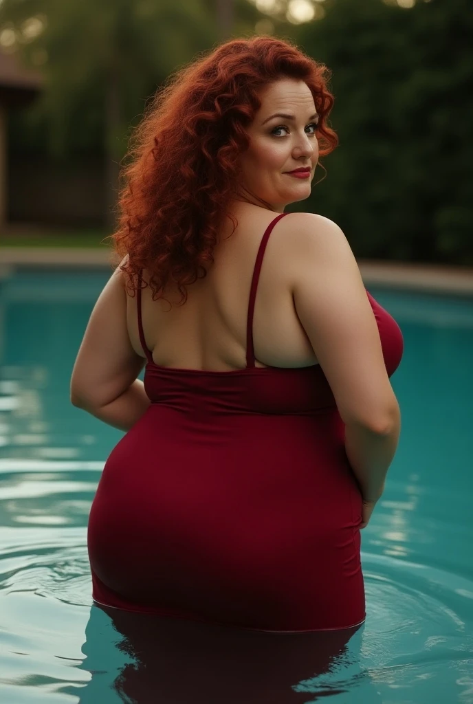 A happy travelling photo of a young redhead ssbbw with long ginger hair, very soft fat belly, very obese legs, thick fat wide legs and fat arms, huge wide butt, cute pretty face, fat breasts, in a black swimming-dress laying on a poolside