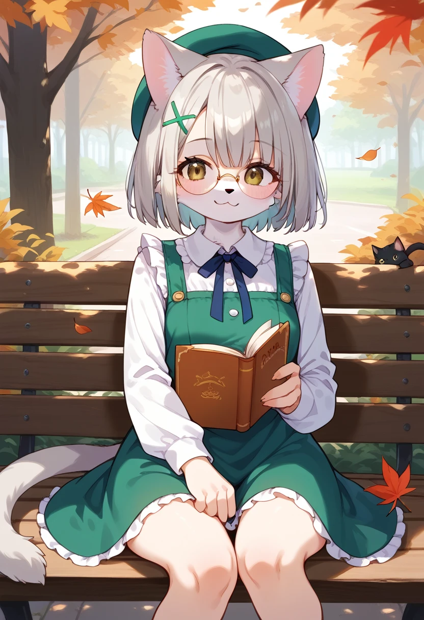 score_9, score_8_up, score_7_up, score_6_up, score_5_up, score_4_up, source_anime, best quality, amazing quality, very aesthetic, absurdres, 1girl, (furry, kemono:1.3), cat, cat girl, brown eyes, cat ears, cat tail, small breasts, grey hair, short hair, blush, hairclip, frills, pinafore dress, sleeveless dress, sleeveless, shirt, round eyewear, green dress, beret, hair ornament, long sleeves, dress, hat, glasses, sitting, looking at viewer, leaf, outdoors, solo, tree, depth of field, blurry, falling leaves, holding book, park bench, day, open book, white shirt, closed mouth, autumn leaves, x hair ornament, bench, smile, book,