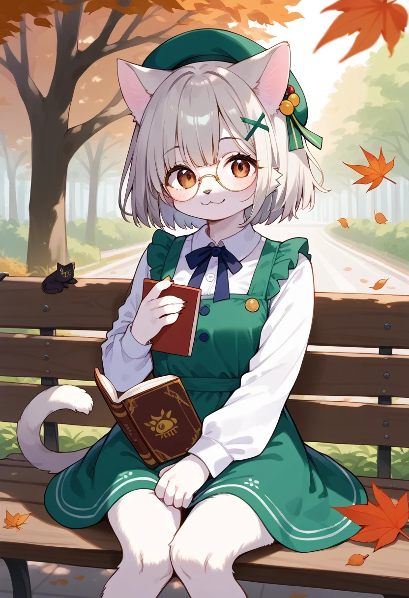 score_9, score_8_up, score_7_up, score_6_up, score_5_up, score_4_up, source_anime, best quality, amazing quality, very aesthetic, absurdres, 1girl, (furry, kemono:1.3), cat, cat girl, brown eyes, cat ears, cat tail, small breasts, grey hair, short hair, blush, hairclip, frills, pinafore dress, sleeveless dress, sleeveless, shirt, round eyewear, green dress, beret, hair ornament, long sleeves, dress, hat, glasses, sitting, looking at viewer, leaf, outdoors, solo, tree, depth of field, blurry, falling leaves, holding book, park bench, day, open book, white shirt, closed mouth, autumn leaves, x hair ornament, bench, smile, book,