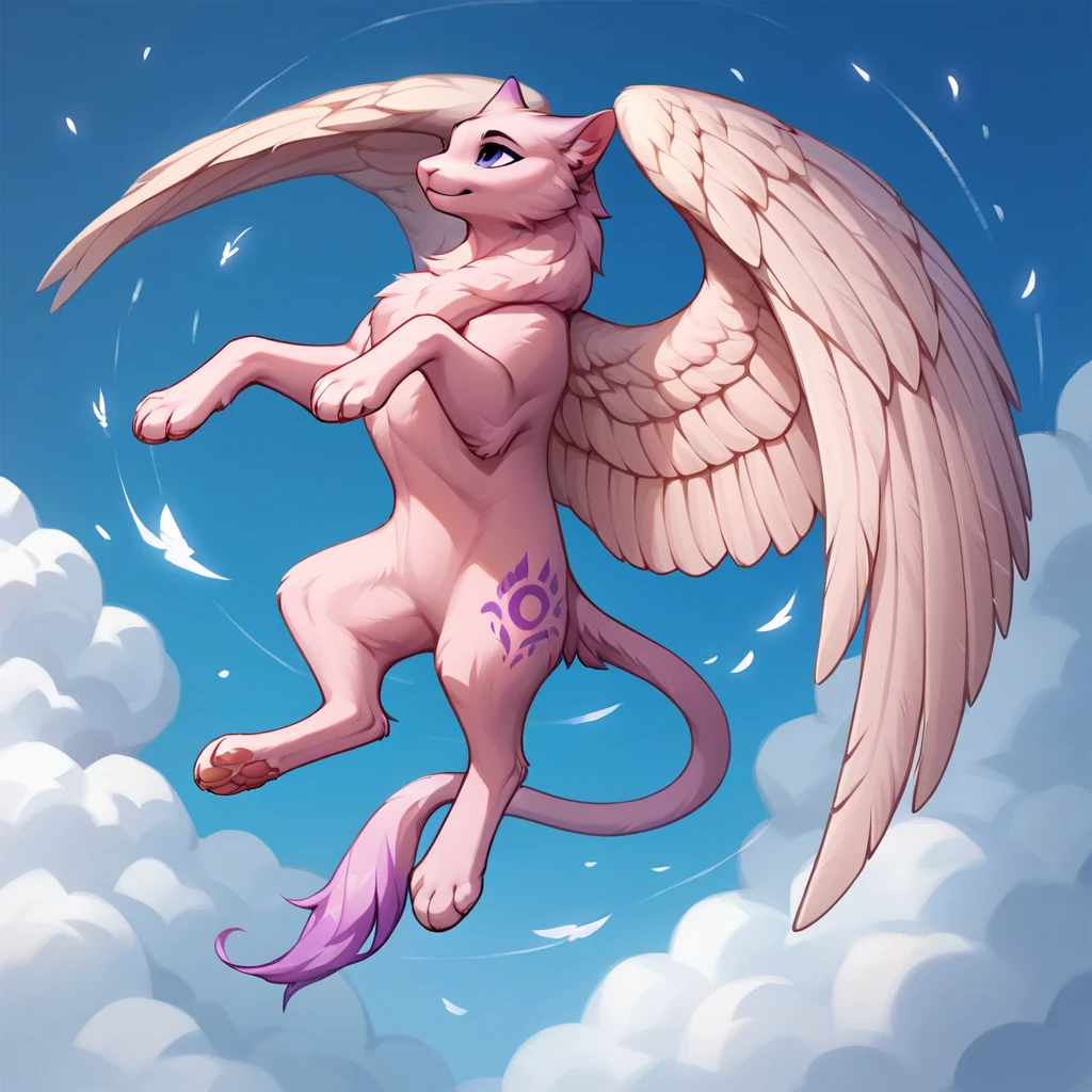 score_9, score_8_up, score_7_up, score_6_up, score_5_up, no humans, rating_safe, Mew with pale pink fur, four sets of white feathered archangel wings, feathered head wings, purple marking tattoos, gold bangles on limbs, floating in midair, storm clouds