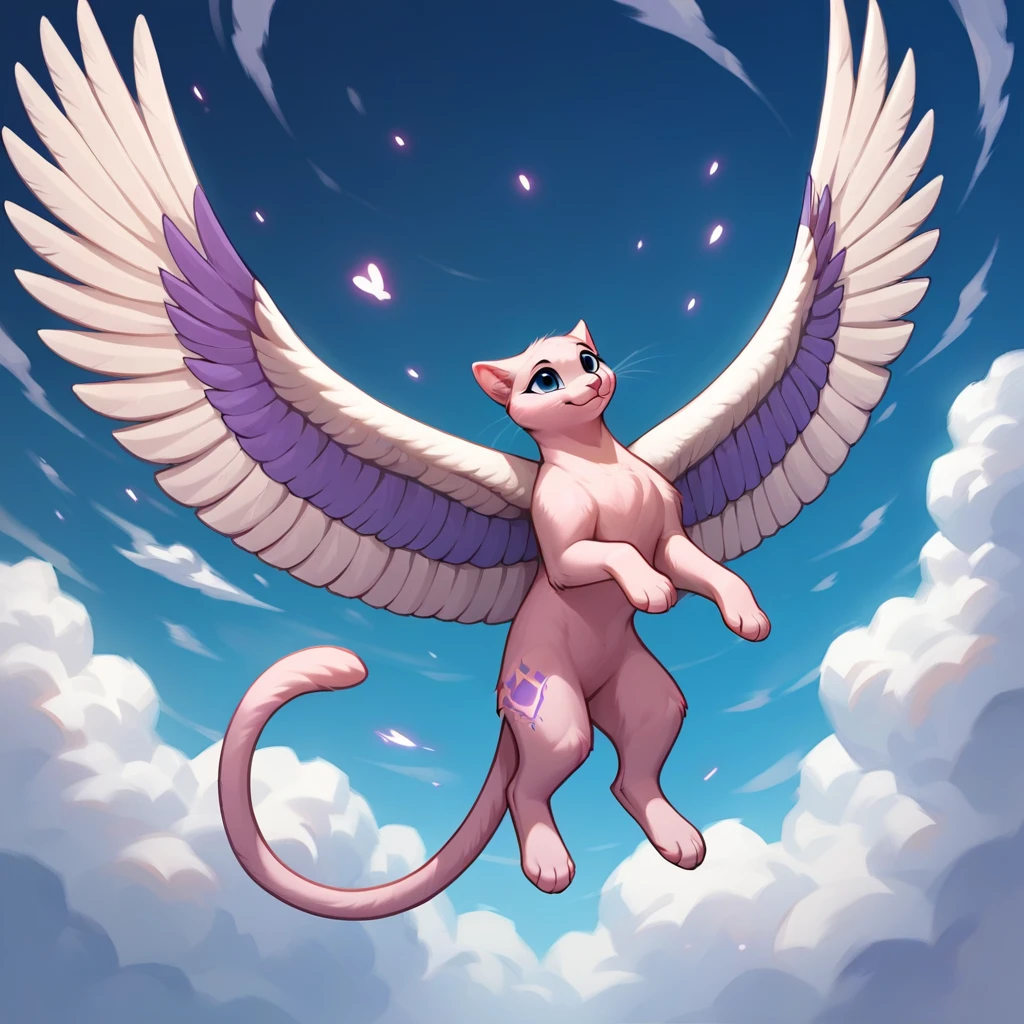 score_9, score_8_up, score_7_up, score_6_up, score_5_up, no humans, rating_safe, Mew with pale pink fur, four sets of white feathered archangel wings, feathered head wings, purple marking tattoos, gold bangles on limbs, floating in midair, storm clouds