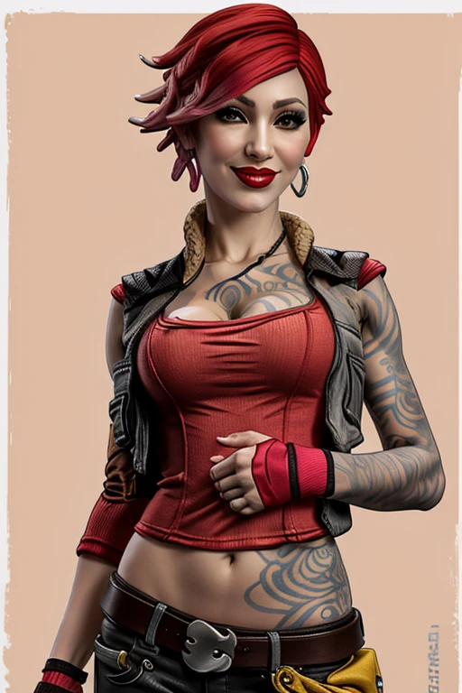 lilith (borderlands), 1girl, arm tattoo, bare shoulders, breast tattoo, breasts, buckle, chest tattoo, cleavage, cloud, collarbone, cropped vest, drum (container), earrings, eyelashes, faux figurine, fingerless gloves, fishnets, from below, handgun, holding, jacket, jewelry, lipstick, looking at viewer, makeup, medium breasts, midriff, navel, nose, open jacket, open vest, orange background, pants, pink lips, planted, portrait, poster (object), pouch, red hair, short hair, smile, solo, stomach tattoo, tattoo, vest, zoom layer, masterpiece, best quality