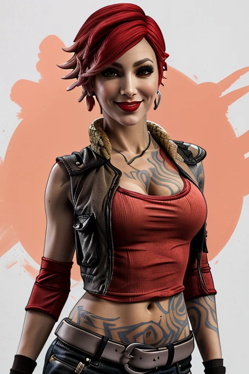 lilith (borderlands), 1girl, arm tattoo, bare shoulders, breast tattoo, breasts, buckle, chest tattoo, cleavage, cloud, collarbone, cropped vest, drum (container), earrings, eyelashes, faux figurine, fingerless gloves, fishnets, from below, handgun, holding, jacket, jewelry, lipstick, looking at viewer, makeup, medium breasts, midriff, navel, nose, open jacket, open vest, orange background, pants, pink lips, planted, portrait, poster (object), pouch, red hair, short hair, smile, solo, stomach tattoo, tattoo, vest, zoom layer, masterpiece, best quality