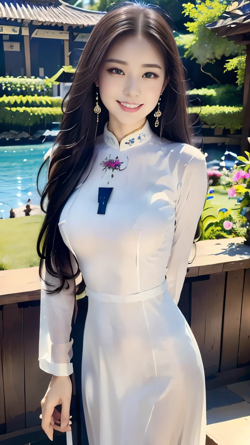 table tops, Best Quality, Hi-Res, PORTRAIT, ((( detailed description 、8k resolution))), ((( beautiful face drawn in every detail ))),Full body angle,smirking expression 、Alone, Big Breasts, Bright Light Blue Eyes , (( Beautiful black hair with a crystal ball in front of her chest 、Long Hair))、(((Beautiful Ao Dai:1.3、Ao Dai,Beautiful White Ao Dai)))、 outdoor 、Lake Lotus