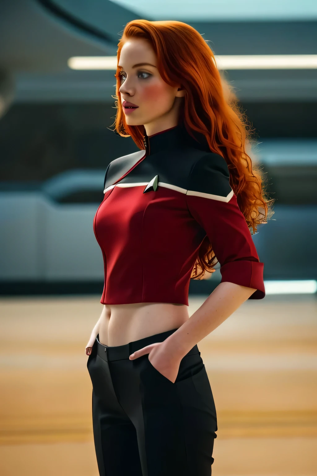 1girl in, ***21, Madelaine Petsch, photo of perfect woman, 5'3", Solo, Aesthetic artwork, (irish  redhead, wavy ginger hair, shoulder length ginger hair:1.25), (some small freckles, pale skin, small breasts, B-cup, hard nipples, runners body, very thin waist, skinny, petite, detailed skin texture), (she is wearing a red Starfleet uniform, the next generation, Comand uniform, black straight slacks:1.15), spaceship background, stars,), (extremely detailed 8k wallpaper), soft lighting, high quality, film grain, Fujifilm XT3 sharp focus, f 5.6, 50mm, High Detail, Sharp focus,(natural light), crazy details, complex details, hyper detailed