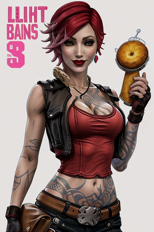 lilith (borderlands), 1girl, arm tattoo, bare shoulders, breast tattoo, breasts, buckle, chest tattoo, cleavage, cloud, collarbone, cropped vest, drum (container), earrings, eyelashes, faux figurine, fingerless gloves, fishnets, from below, handgun, holding, jacket, jewelry, lipstick, looking at viewer, makeup, medium breasts, midriff, navel, nose, open jacket, open vest, orange background, pants, pink lips, planted, portrait, poster (object), pouch, red hair, short hair, smile, solo, stomach tattoo, tattoo, vest, zoom layer, masterpiece, best quality