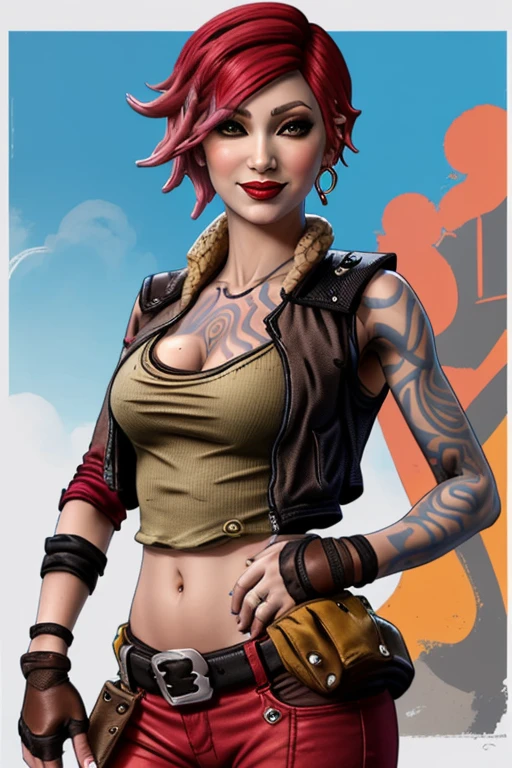 lilith (borderlands), 1girl, arm tattoo, bare shoulders, breast tattoo, breasts, buckle, chest tattoo, cleavage, cloud, collarbone, cropped vest, drum (container), earrings, eyelashes, faux figurine, fingerless gloves, fishnets, from below, handgun, holding, jacket, jewelry, lipstick, looking at viewer, makeup, medium breasts, midriff, navel, nose, open jacket, open vest, orange background, pants, pink lips, planted, portrait, poster (object), pouch, red hair, short hair, smile, solo, stomach tattoo, tattoo, vest, zoom layer, masterpiece, best quality