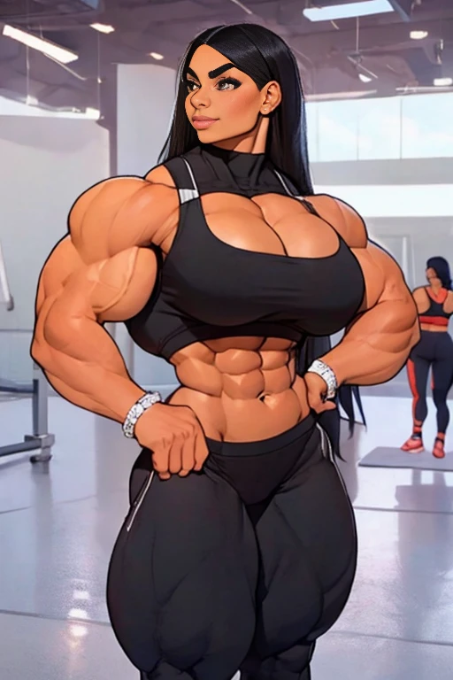 very attractive 23 yo latina woman, female bodybuilder, very broad hips, wearing yoga pants, crop top, sport corsage, ((dark)) perfect flawless skin, (((long))) straight raven-black hair, friendly soft smile, massive bulging musculature, extremely muscular thighs, large ample bust, perfect anatomy, flawless proportins