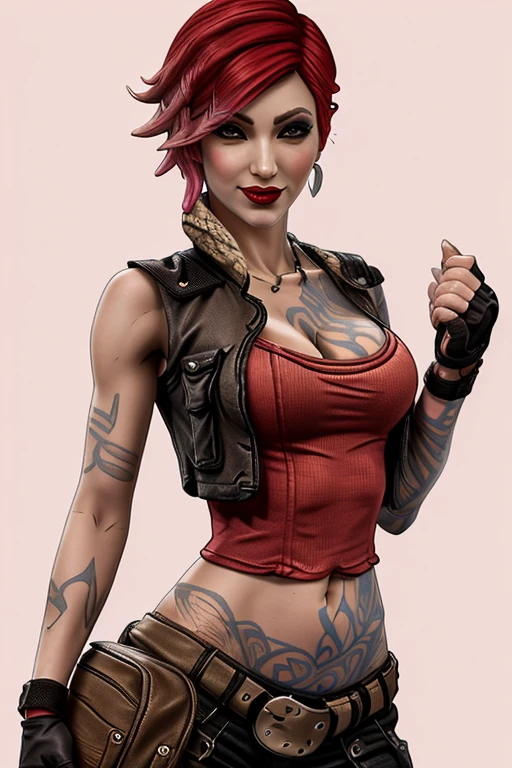 lilith (borderlands), 1girl, arm tattoo, bare shoulders, breast tattoo, breasts, buckle, chest tattoo, cleavage, cloud, collarbone, cropped vest, drum (container), earrings, eyelashes, faux figurine, fingerless gloves, fishnets, from below, handgun, holding, jacket, jewelry, lipstick, looking at viewer, makeup, medium breasts, midriff, navel, nose, open jacket, open vest, orange background, pants, pink lips, planted, portrait, poster (object), pouch, red hair, short hair, smile, solo, stomach tattoo, tattoo, vest, zoom layer, masterpiece, best quality