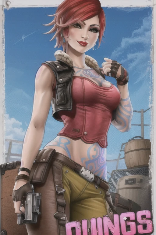 lilith (borderlands), 1girl, arm tattoo, bare shoulders, breast tattoo, breasts, buckle, chest tattoo, cleavage, cloud, collarbone, cropped vest, drum (container), earrings, eyelashes, faux figurine, fingerless gloves, fishnets, from below, handgun, holding, jacket, jewelry, lipstick, looking at viewer, makeup, medium breasts, midriff, navel, nose, open jacket, open vest, orange background, pants, pink lips, planted, portrait, poster (object), pouch, red hair, short hair, smile, solo, stomach tattoo, tattoo, vest, zoom layer, masterpiece, best quality