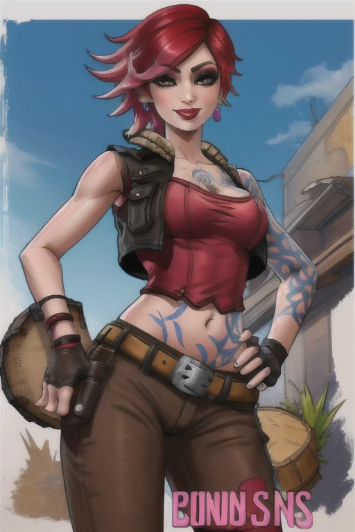 lilith (borderlands), 1girl, arm tattoo, bare shoulders, breast tattoo, breasts, buckle, chest tattoo, cleavage, cloud, collarbone, cropped vest, drum (container), earrings, eyelashes, faux figurine, fingerless gloves, fishnets, from below, handgun, holding, jacket, jewelry, lipstick, looking at viewer, makeup, medium breasts, midriff, navel, nose, open jacket, open vest, orange background, pants, pink lips, planted, portrait, poster (object), pouch, red hair, short hair, smile, solo, stomach tattoo, tattoo, vest, zoom layer, masterpiece, best quality