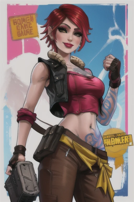 lilith (borderlands), 1girl, arm tattoo, bare shoulders, breast tattoo, breasts, buckle, chest tattoo, cleavage, cloud, collarbone, cropped vest, drum (container), earrings, eyelashes, faux figurine, fingerless gloves, fishnets, from below, handgun, holding, jacket, jewelry, lipstick, looking at viewer, makeup, medium breasts, midriff, navel, nose, open jacket, open vest, orange background, pants, pink lips, planted, portrait, poster (object), pouch, red hair, short hair, smile, solo, stomach tattoo, tattoo, vest, zoom layer, masterpiece, best quality