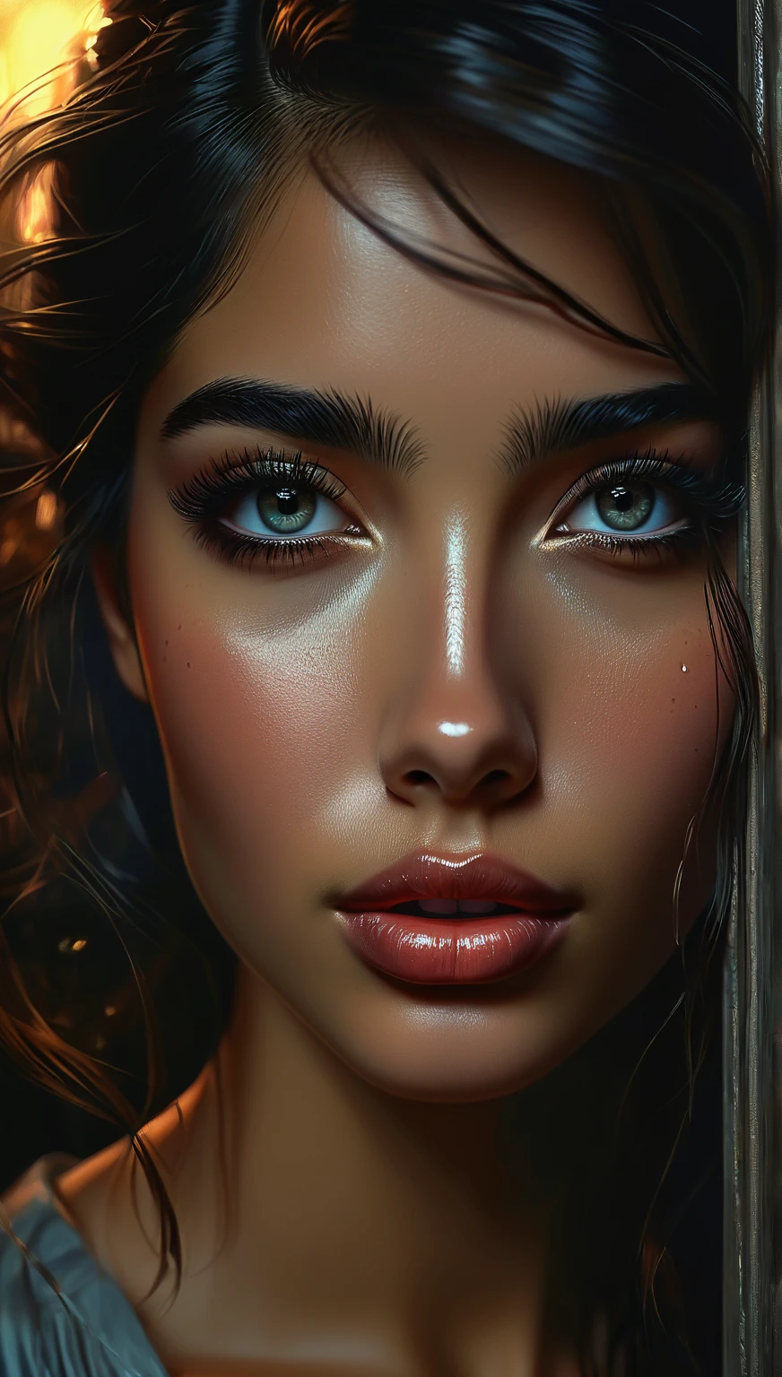 a girl with beautiful detailed eyes, beautiful detailed lips, extremely detailed eyes and face, long eyelashes, realistic, photorealistic, photo-realistic, 4k, 8k, highres, masterpiece, ultra-detailed, realistic lighting, melancholy expression, tears in her eyes, vulnerable, hopeful, dramatic lighting, cinematic, chiaroscuro lighting, moody, emotional, introspective, pensive, isolation, loneliness, fear of the unknown, glimmer of hope, depression, emotional, dramatic, painterly, oil painting, digital art, muted colors, somber colors, dark colors, warm lighting, ray of light, cinematic composition