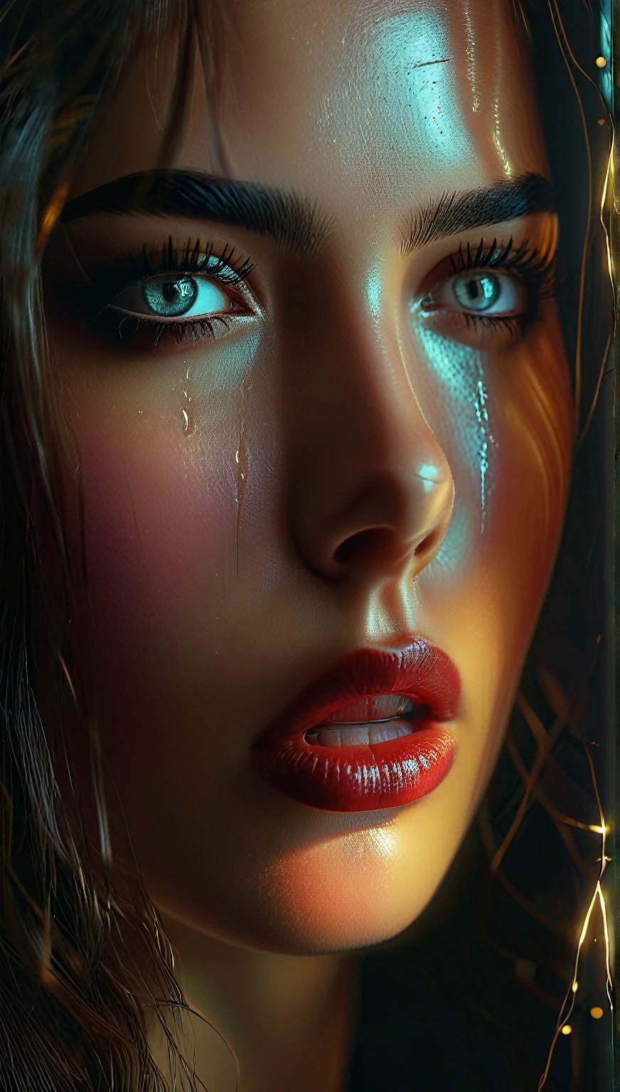 a girl with beautiful detailed eyes, beautiful detailed lips, extremely detailed eyes and face, long eyelashes, realistic, photorealistic, photo-realistic, 4k, 8k, highres, masterpiece, ultra-detailed, realistic lighting, melancholy expression, tears in her eyes, vulnerable, hopeful, dramatic lighting, cinematic, chiaroscuro lighting, moody, emotional, introspective, pensive, isolation, loneliness, fear of the unknown, glimmer of hope, depression, emotional, dramatic, painterly, oil painting, digital art, muted colors, somber colors, dark colors, warm lighting, ray of light, cinematic composition