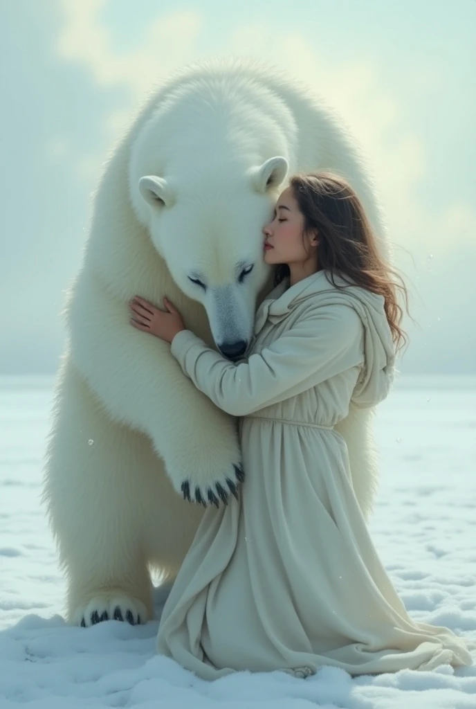 Large massive giant wampa monster carries topless beautiful bikini teen girl in his arms embrace sitting on his lap cuddling Star Wars kissing