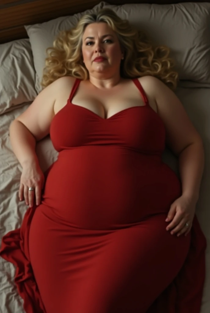 A sleeping photo of a young beautiful redhead bbw with long wavy ginger hair soft fat belly, wide fat obese hips, thick fat legs and fat arms, cute pretty face, small breasts, blue eyes, freckles, in a dark blue pijama dress laying on her side and sleeping in a comfortable big bed with lot of pillows and blankets in a modern bedroom at dawn