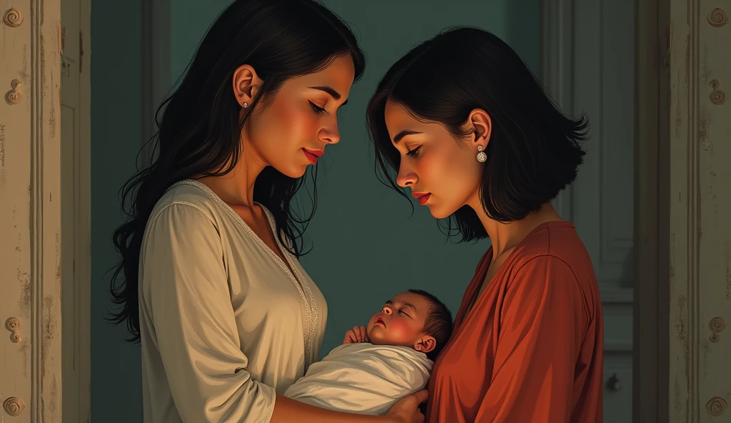 Nisha and Vivian are sleeping peacefully together in a big, comfy bed, cuddling closely. Nisha, a woman with short black hair, is wearing a t-shirt. Vivian, a pregnant Native American woman with tanned skin, brown eyes, and long flowing black hair, is dressed in a nightgown.