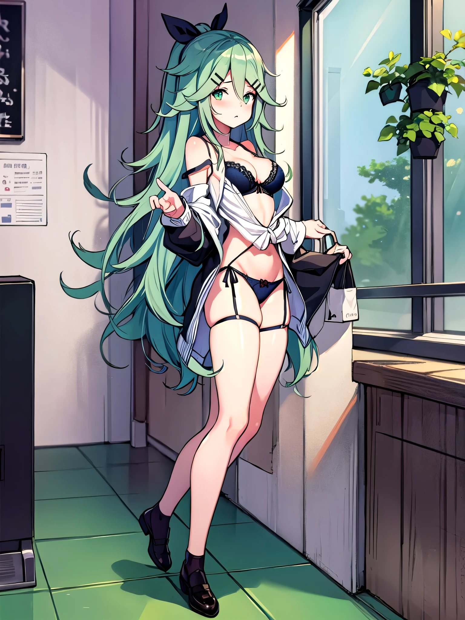 Best Quality, masterpiece,  Hi-Res, Alone, {Yamakaze Kai 2_Fleet Collection:1.15}, green_hair, hair_between_eye, length_hair, hair_ t I , hairclip, ribbon, hair_ribbon,  ponytails, black_ribbon, , green_eye, green_eye,  1 girl, School_uniform, Simple_background, 教室background, ( Full body figure ), ( panties), (Bra)