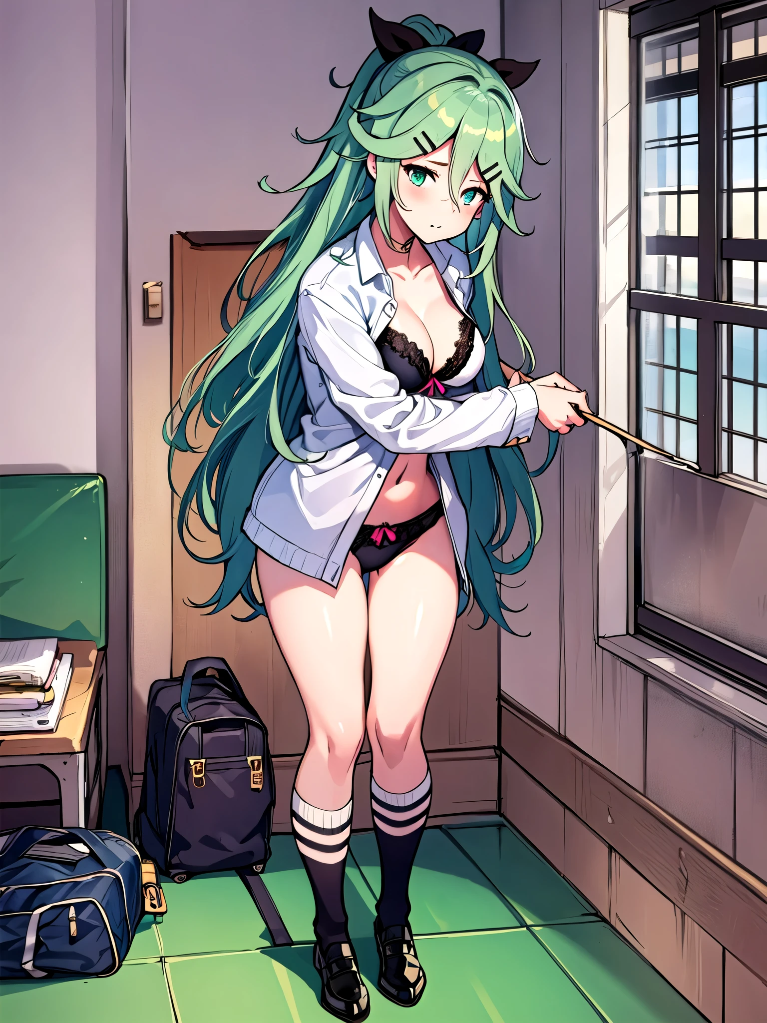 Best Quality, masterpiece,  Hi-Res, Alone, {Yamakaze Kai 2_Fleet Collection:1.15}, green_hair, hair_between_eye, length_hair, hair_ t I , hairclip, ribbon, hair_ribbon,  ponytails, black_ribbon, , green_eye, green_eye,  1 girl, School_uniform, Simple_background, 教室background, ( Full body figure ), ( panties), (Bra)