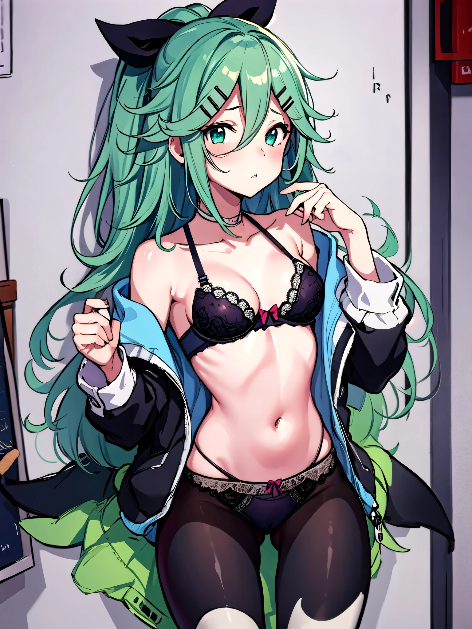 Best Quality, masterpiece,  Hi-Res, Alone, {Yamakaze Kai 2_Fleet Collection:1.15}, green_hair, hair_between_eye, length_hair, hair_ t I , hairclip, ribbon, hair_ribbon,  ponytails, black_ribbon, , green_eye, green_eye,  1 girl, School_uniform, Simple_background, 教室background, ( Full body figure ), ( panties), (Bra)