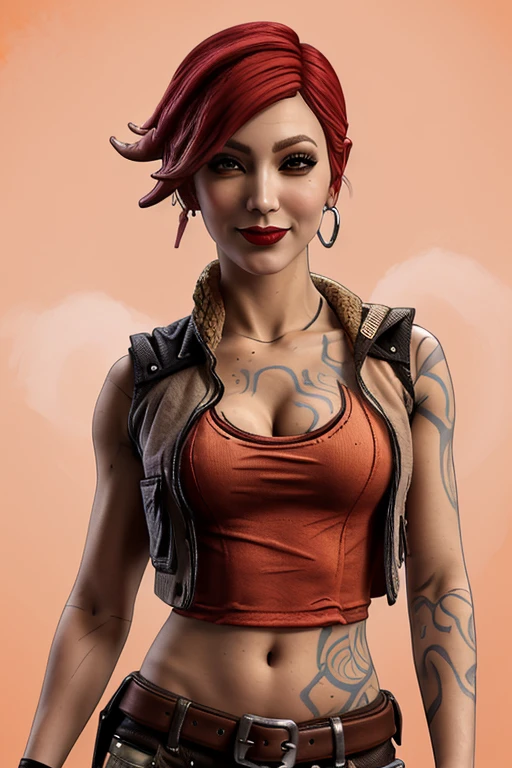 lilith (borderlands), 1girl, arm tattoo, bare shoulders, breast tattoo, breasts, buckle, chest tattoo, cleavage, cloud, collarbone, cropped vest, drum (container), earrings, eyelashes, faux figurine, fingerless gloves, fishnets, from below, handgun, holding, jacket, jewelry, lipstick, looking at viewer, makeup, medium breasts, midriff, navel, nose, open jacket, open vest, orange background, pants, pink lips, planted, portrait, poster (object), pouch, red hair, short hair, smile, solo, stomach tattoo, tattoo, vest, zoom layer, masterpiece, best quality