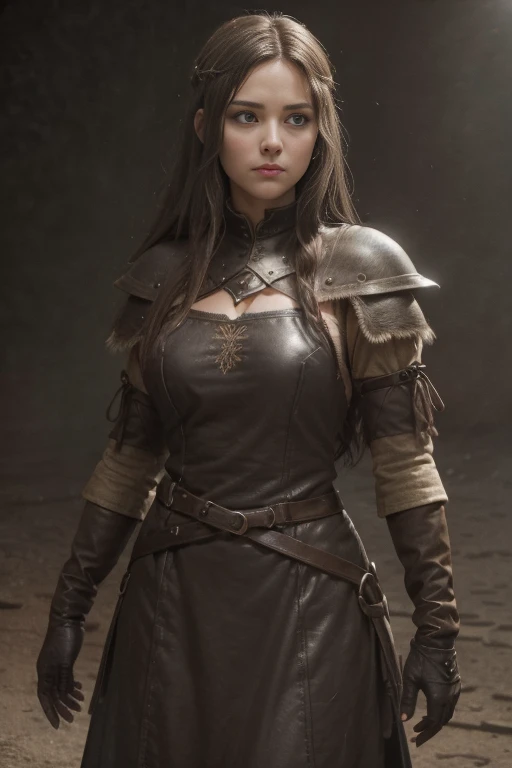 adult woman,  dark brown eyes ,  shaggy blond hair ,  medieval fantasy clothing, grey leather , Capelina , Gloves, if, straps,  masterpiece , super detail,  lyrics,  movie lighting,  plain white background , without patterns, No textures.