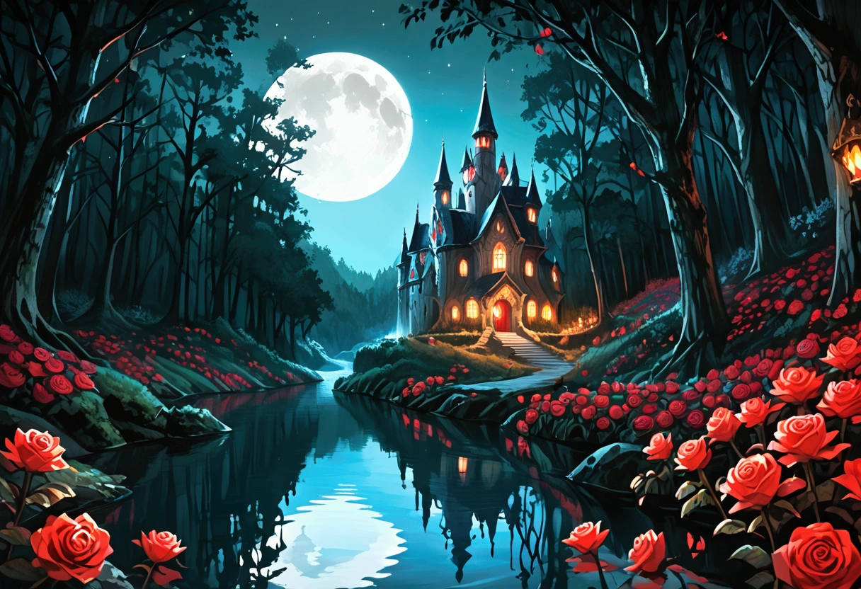 score_9, score_8_up, score_7 there are glowing roses floating in a stream of water, they shed dark red light, reflected in the river, the stream travels through a dark and gloomy forest, there is haunted castle near the river, at night, moon and stars, a beautiful paladin watches near the river,  highres, best quality, high details, 16K, ultra detailed, masterpiece, best quality,