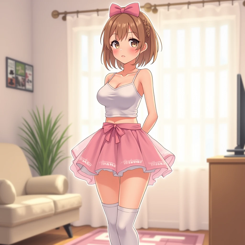 from the front of the face and body, look straight, whole body, high quality, very high resolution, pretty girl, brown hair, amount, dull bangs, bob cut, brush up bangs, good lift, topless, (nude),((topless)), medium breasts, pale pink nipples, short, brown pleated skirt, Are standing, smile, no background