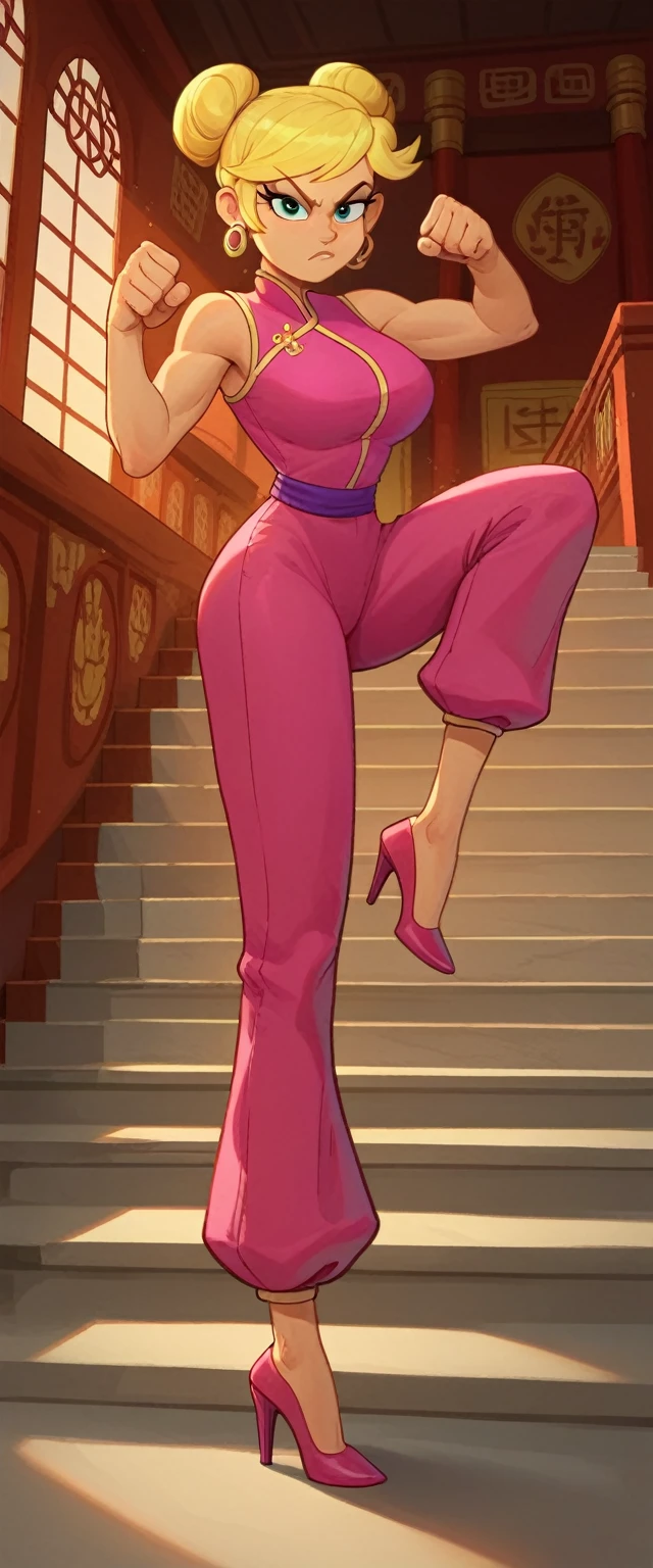 lola loud, 1girl, solo, 24yo girl, pink cheongsam, exposed breasts, inside of a chinese style temple, looking at viewer, blonde hair, short hair, two hair buns , hands  score_9, score_8_up, score_7_up, high heels,teep fighting stance,martial arts, guarding the stairs, stairs behind her