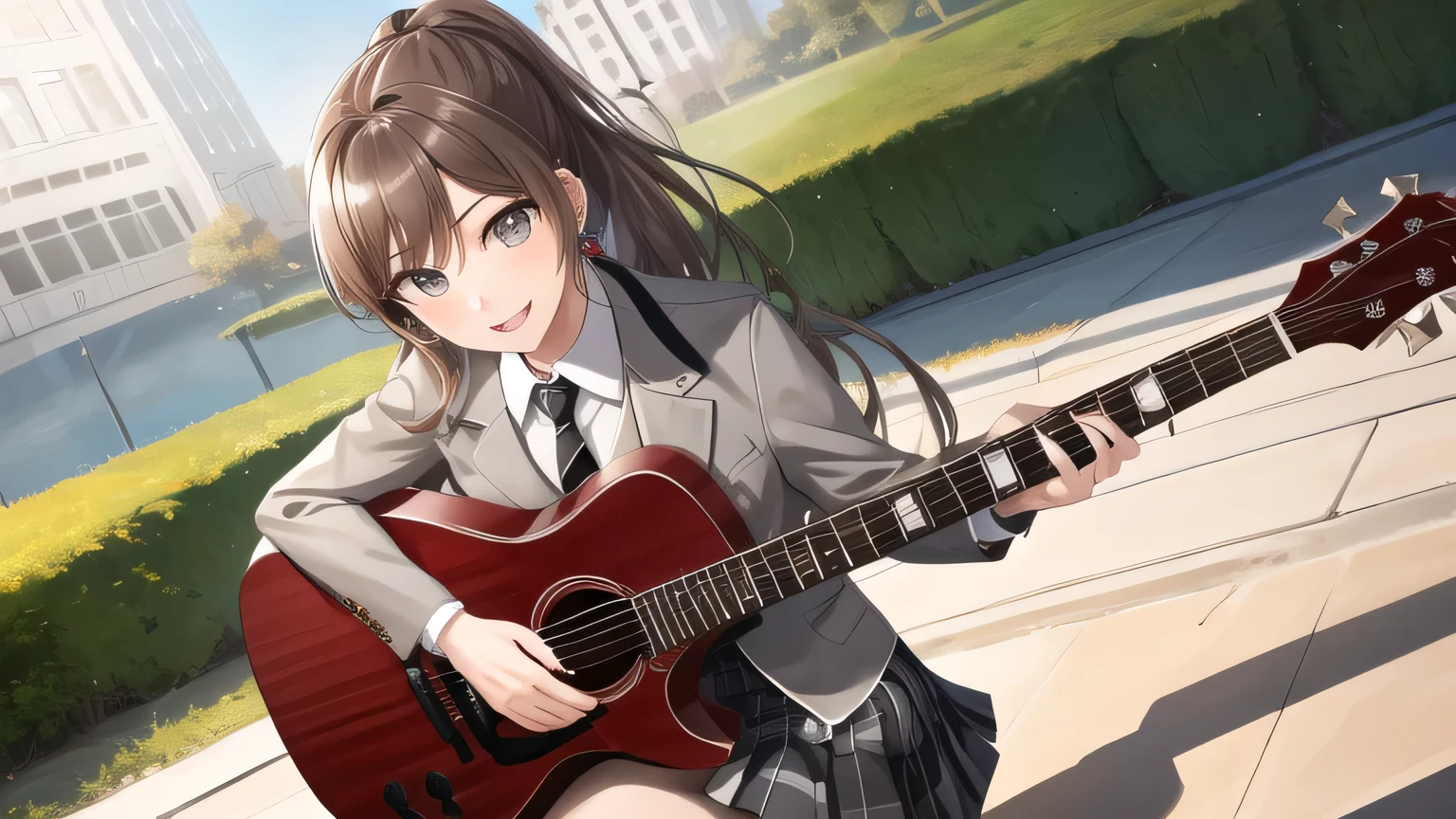  Masterpiece、Highest quality、high、analysis、Long Hair、 ponytails、Grey Eyes、 earrings for a woman alone、 school uniform、 striped tie、 brown tie、 collared shirt、 gray jacket、blazers、 Long Sleeve 、 plaid skirt holding a musical instrument、 pleated skirt、 brown skirt 、 sitting、bench、Outdoor、Guitar、smile、I'm holding a musical instrument、 Jessica Biel 、 dynamic angle that raises one leg terribly