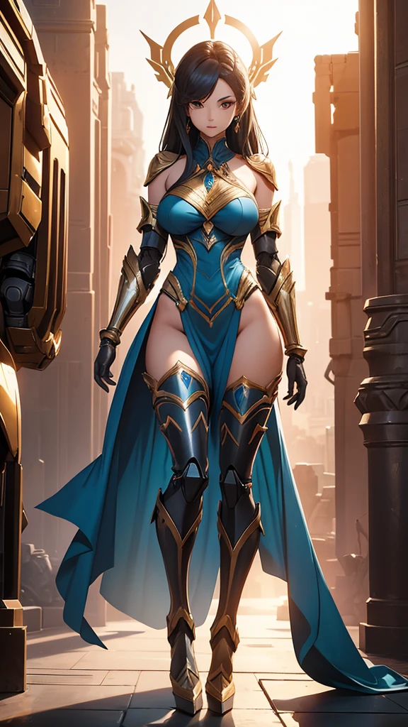 Meet the Native American superheroine clad in a vibrant blue leotard, the sleeves of which extend past her wrists, and black thigh-high boots. Her long, luscious black hair cascades down her back, framing her dark tanned skin and expressive brown eyes. As she stands tall and proud, her fierce determination shines through her regal demeanor. The wind plays with her hair, adding an ethereal aura to her powerful presence. The sun sets behind her, casting a warm glow on her noble features, as she readies herself for another epic adventure. (Curvy)