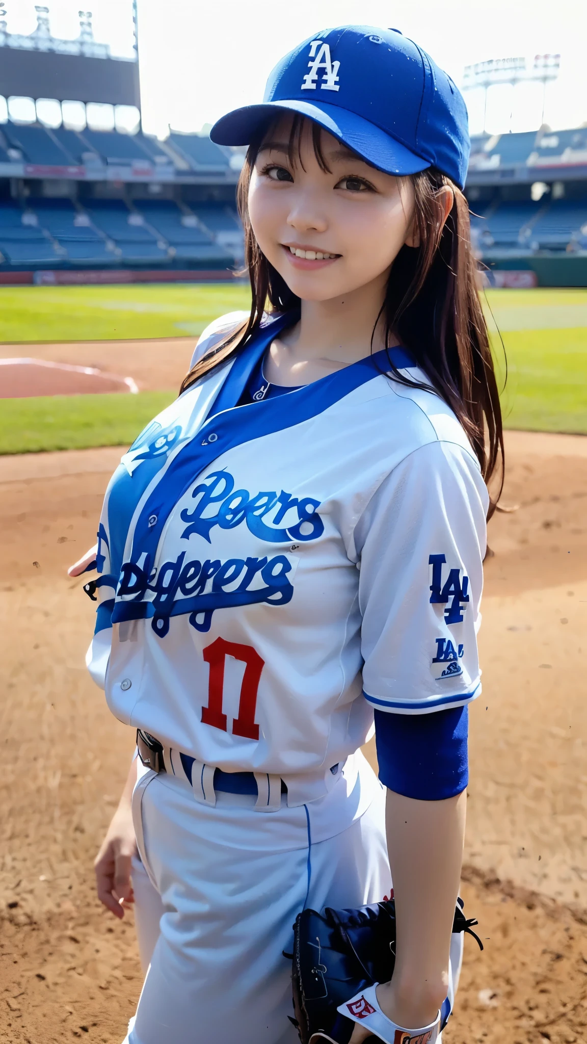 Best Quality,masterpiece, super high definition, highdefinition RAW color photo, professional photography, natural skin texture, fine skin, hyperrealism , Japanese Female,(smile,Laugh happily,gigantic breasts, long hair),(((Watching baseball,Dodger Stadium, Dodgers uniform,Number 17,spike)))