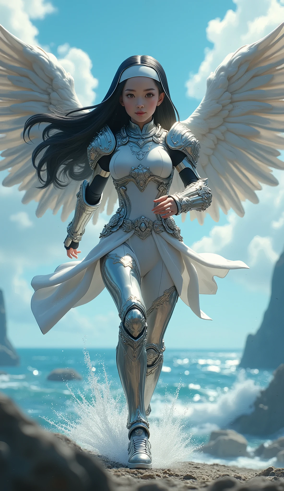 ((Anime CG Wallpaper )), ((masterpiece)),  Humanoid Angel Girl Wearing Nun Armor,  intricate details , running shoes,  Complicated Greebles Artwork , Behind the sea, Wings,  beautiful ,  detailed eyes and lips 