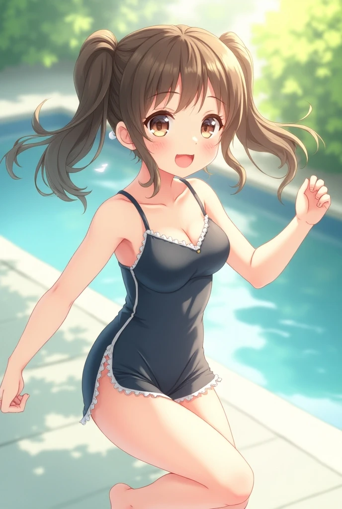  top quality 、幼い girl が1人、 focus on face 、Extremely small bust 、 slender body、 dark brown hair 、 brown skin next to a woman、ショートツインテールの girl 、 blue eyes、 is standing、 navy blue school swimsuit、 girl 、whole body、 slender body、Slender legs、Pool、sit、blue sky、smile、The sun shines in、lie down、Water Drop、vapor、Embarrassed、blush