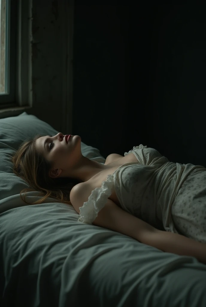 Dark bedroom, [sun|Succubus], (Delicate and radiant skin:1.5), dress，The white lace blends in casually, Sleep on your back, On the bed, Surrealism, A look at the races, Light transmittance, The bed is draped with an elegant white lace mosquito net...., Charm appearance, Sexual teasing, Bold and sexy pose, Princess Bed, Moonlight shining through the window,Dynamic Lens,Delicate and sophisticated design、orgasm、climax、Charm