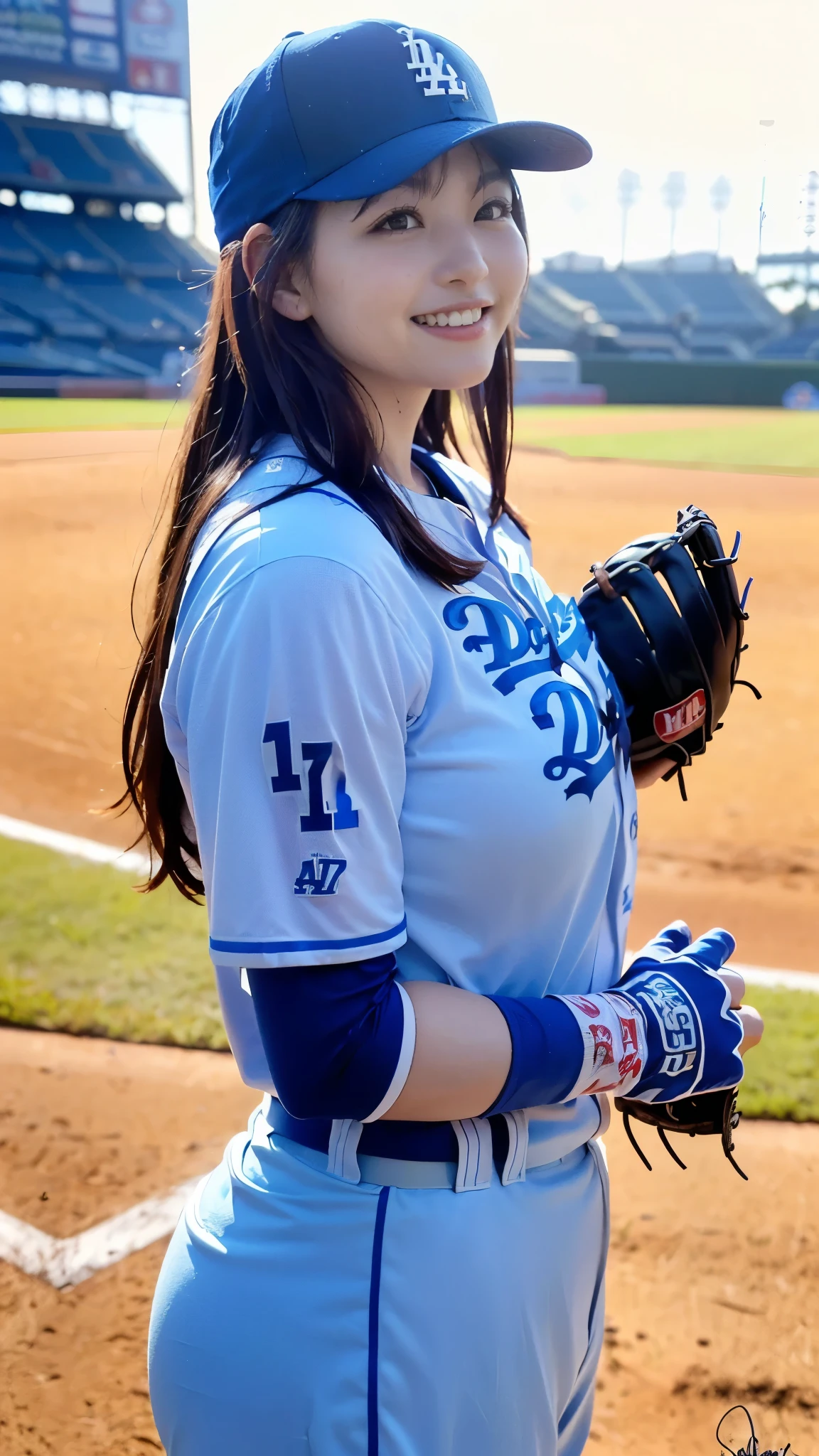 Best Quality,masterpiece, super high definition, highdefinition RAW color photo, professional photography, natural skin texture, fine skin, hyperrealism , Japanese Female,(smile,Laugh happily,gigantic breasts, long hair),(((Watching baseball,Dodger Stadium, Dodgers uniform,Number 17,spike,Nodding to the signature of the )))