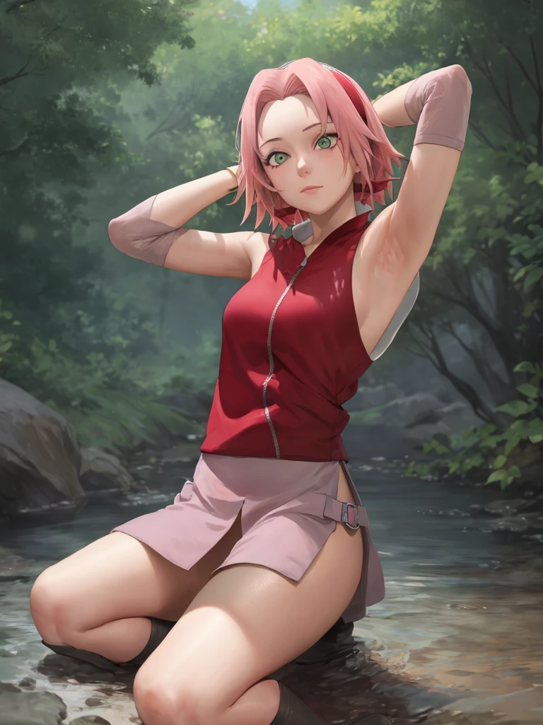 whole body, Sakura Shippuden, Sakura Haruno, naked, Alone, 1 girl, shaved armpits, arm behind head, focus on armpit, green eyes