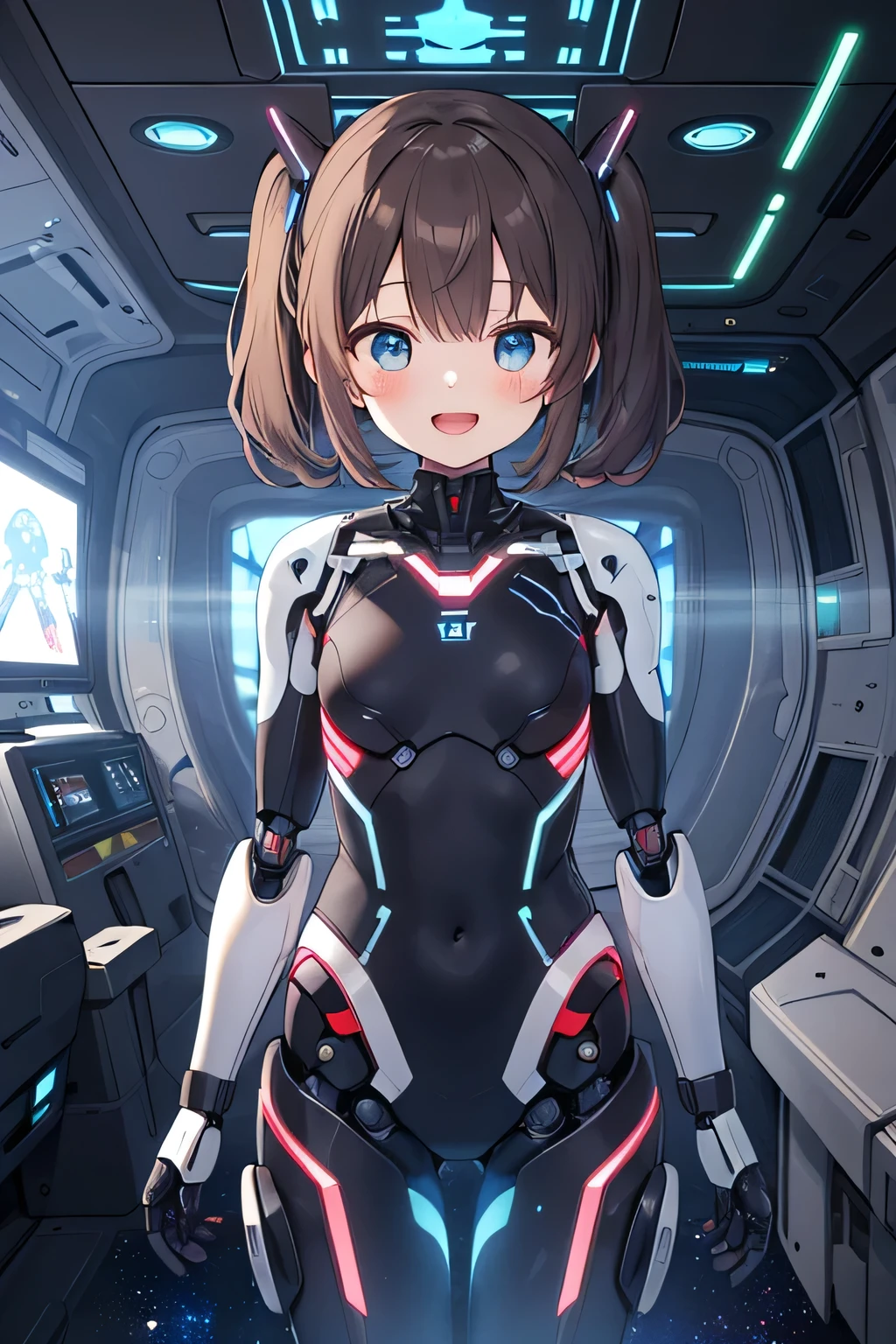 (masterpiece), best quality, (((ultra detailed, 8k quality))), expressive eyes, perfect face, perfect anatomy, perfect body, scene, MisakiAkeno, 1girl, smile, open mouth, brown hair, blue eyes, short hair, twintails, 
 (((small robot cute next to her waiting patiently))), spaceship, colorful, (sense of wonder), plants growing along the walls of the spaceship, (brightly lit room with scifi holographic displays and space furniture),  space, space batle