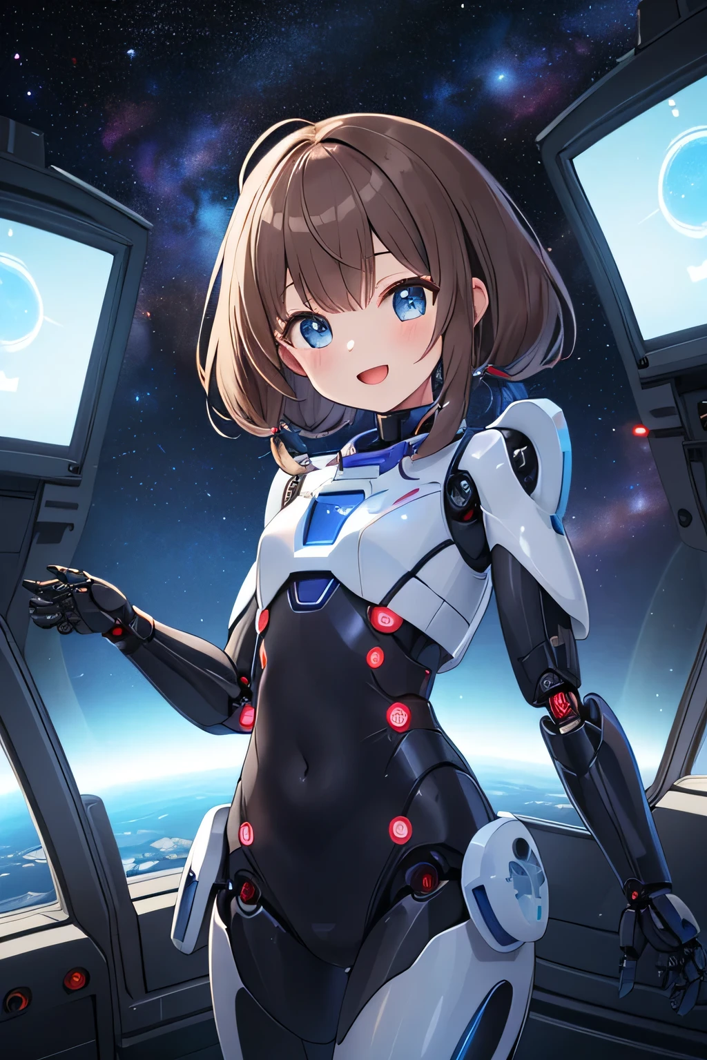 (masterpiece), best quality, (((ultra detailed, 8k quality))), expressive eyes, perfect face, perfect anatomy, perfect body, scene, MisakiAkeno, 1girl, smile, open mouth, brown hair, blue eyes, short hair, twintails, 
 (((small robot cute next to her waiting patiently))), spaceship, colorful, (sense of wonder), plants growing along the walls of the spaceship, (brightly lit room with scifi holographic displays and space furniture),  space, space batle