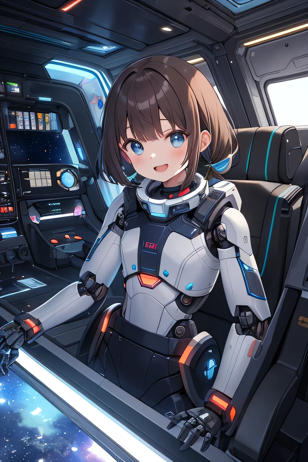 (masterpiece), best quality, (((ultra detailed, 8k quality))), expressive eyes, perfect face, perfect anatomy, perfect body, scene, MisakiAkeno, 1girl, smile, open mouth, brown hair, blue eyes, short hair, twintails, 
 (((small robot cute next to her waiting patiently))), spaceship, colorful, (sense of wonder), plants growing along the walls of the spaceship, (brightly lit room with scifi holographic displays and space furniture),  space, space batle