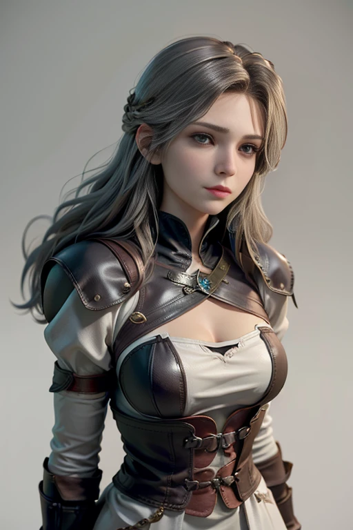 adult woman,  dark brown eyes ,  shaggy blond hair ,  medieval fantasy clothing, grey leather , Capelina , Gloves, if, straps,  masterpiece , super detail,  lyrics,  movie lighting,  plain white background , without patterns, No textures.