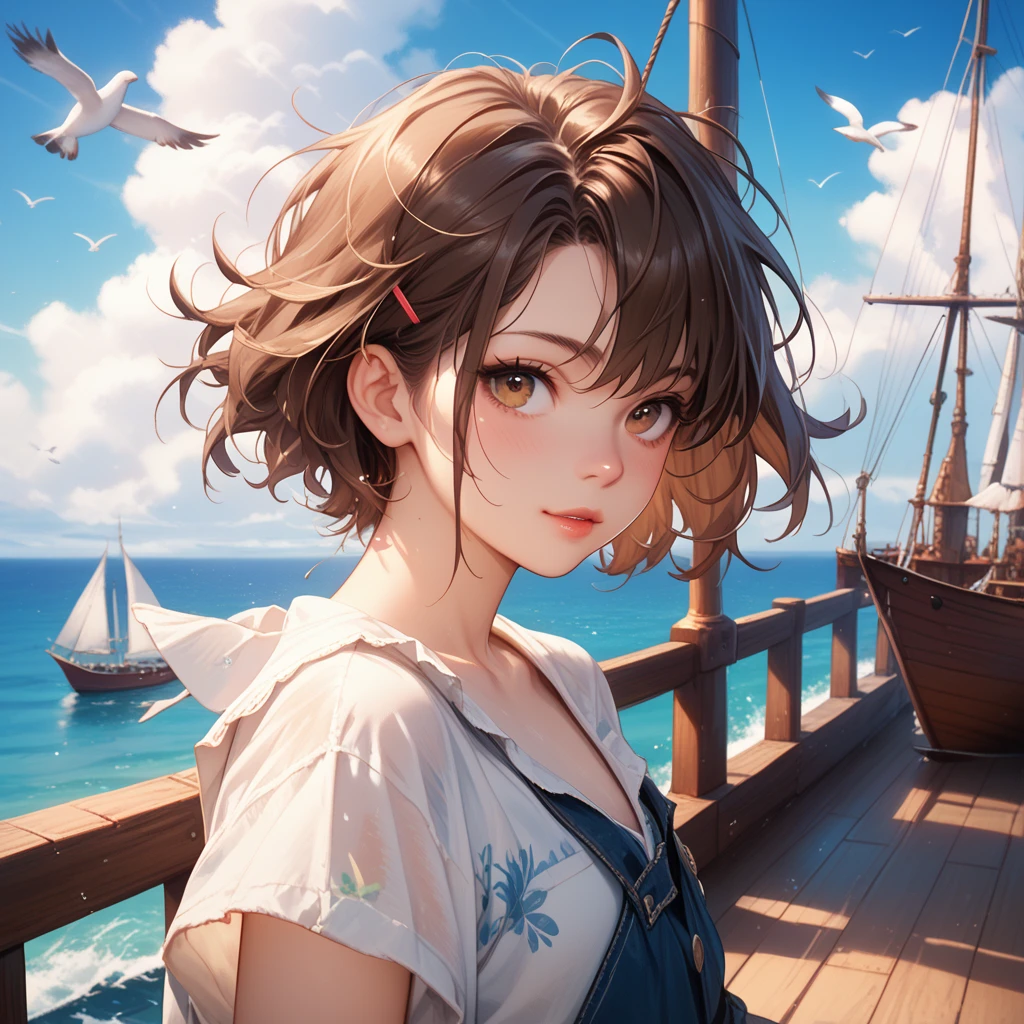 A tomboy with short brown hair and expressive, large brown eyes stands on a wooden ship deck under a bright blue sky with fluffy clouds. She wears a loose, worn white shirt with subtle stains a flat chest wrapped with bandage, giving a sense of a hardworking life at sea. The background shows a calm ocean with two ships docked nearby, their sails partially visible, and seagulls flying overhead. The style is highly detailed and soft, capturing the warm sunlight and serene seaside atmosphere, with a hint of adventure and nostalgia