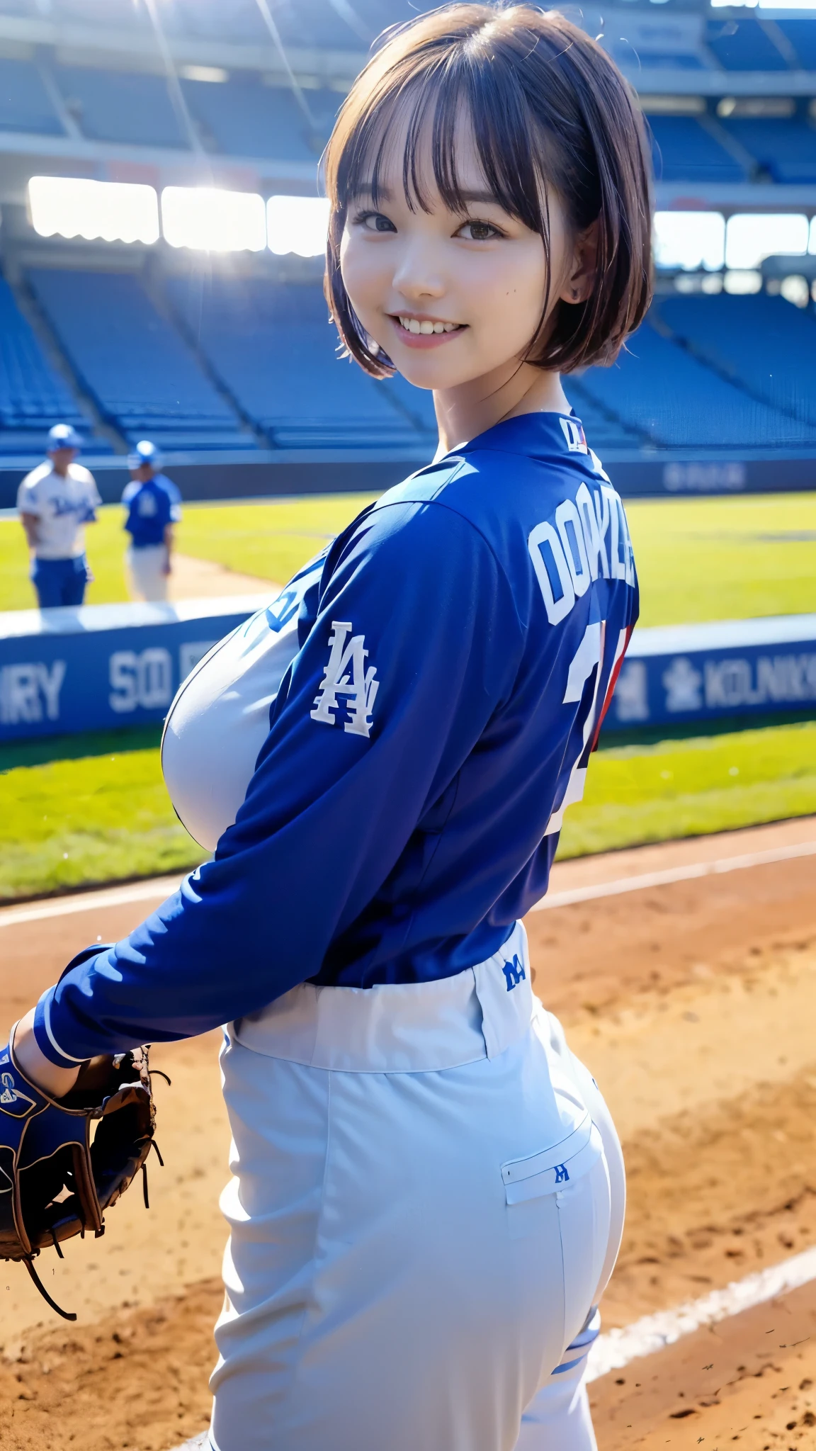 Best Quality,masterpiece, super high definition, highdefinition RAW color photo, professional photography, natural skin texture, fine skin, hyperrealism , Japanese Female,(smile,Laugh happily,gigantic breasts, shortcut hair),(((Watching baseball,Dodger Stadium, Dodgers uniform,Number 17,spike, pitcher )))
