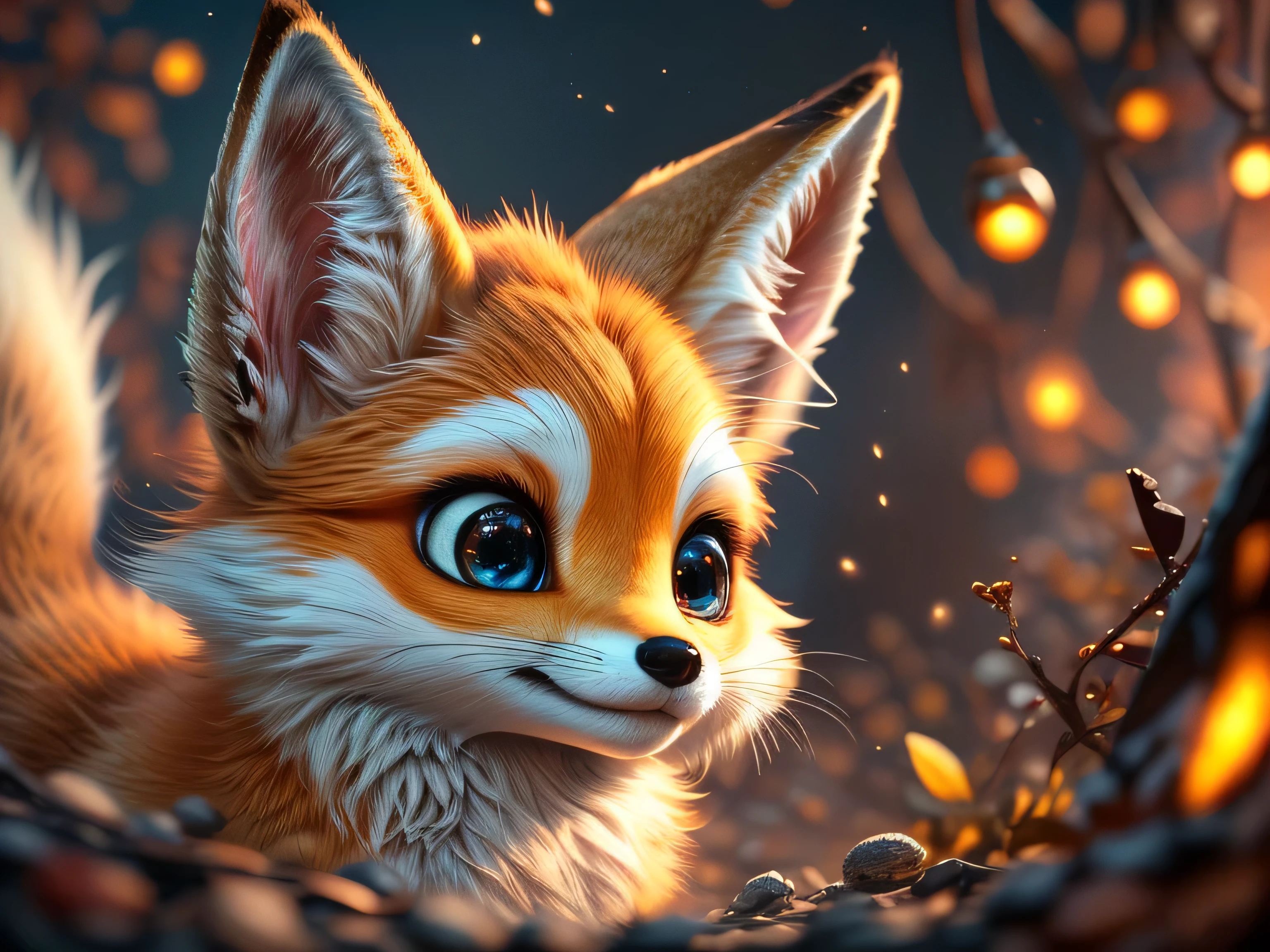 Magical Fantasy Creature, (Best Quality, Masterpiece, Representative Work, Official Art, Professional, Ultra Fine Detail, 8k:1.3), (Photorealism:1.2), Fox Spirit, Super Cute, Big Eyes, Soft, Delicate Nose, Fluffy, Two-Toothed Smile, Cute Fennec Fox Ghost, Realistic, Beautiful, Sparkling, Stars in Eyes, Star Pearl, Fox Lights, Soft Volumetric Light, (Backlight:1.3), (Cinematic:1.2), Intricate Details, (ArtStation:1.3), --auto --s2