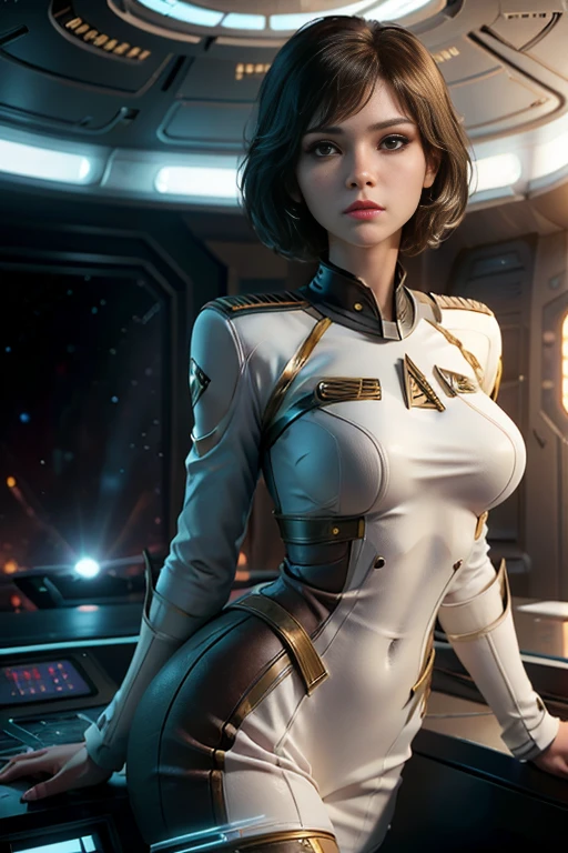 Female crew member of the Star Trek starship Enterprise,  short hair , brown eyes, confident, firm stance,  safe expression,  masterpiece , super detail,  lyrics,  movie lighting,  plain white background , without patterns, No textures.